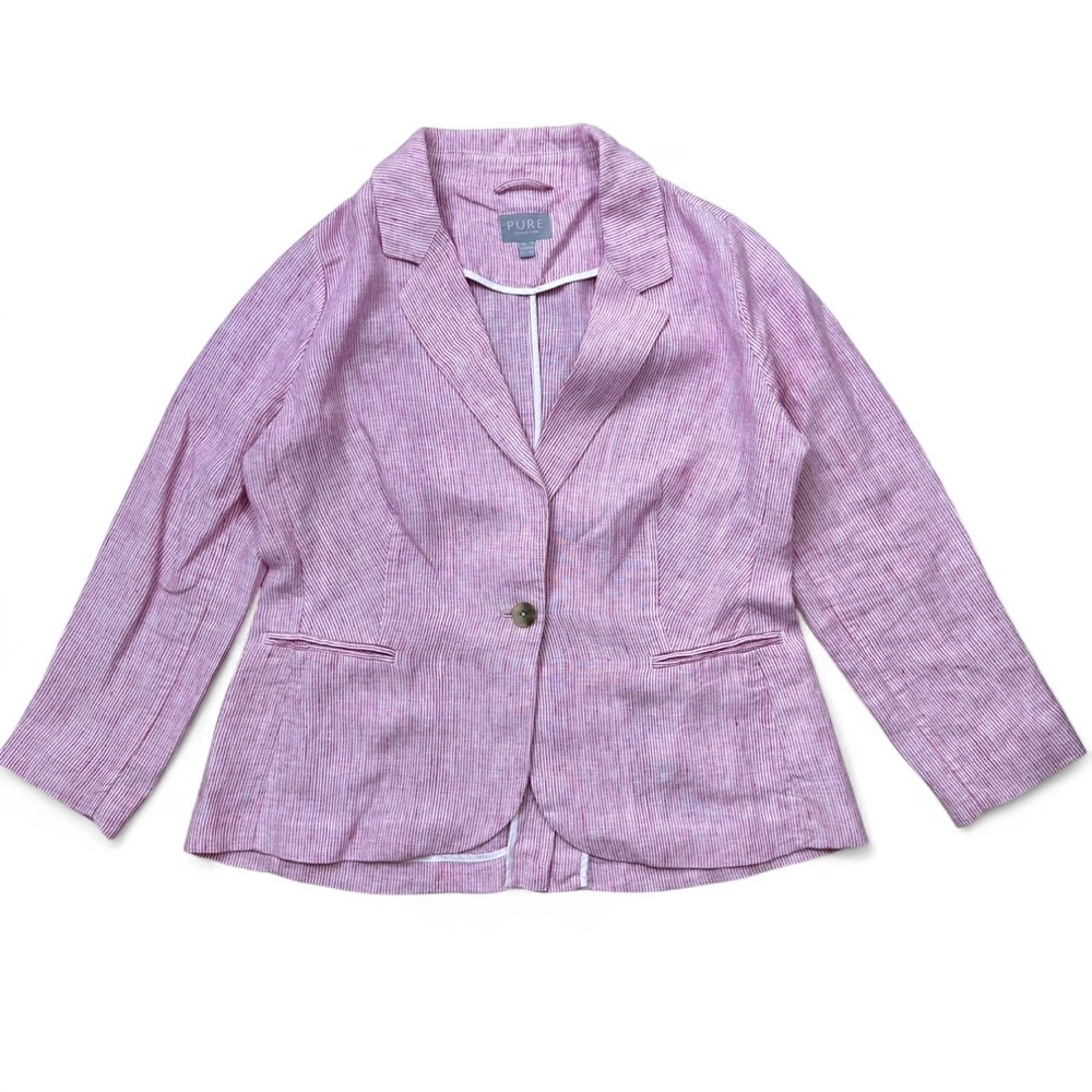 PURE Collection Pink Railroad Stripe 100% Linen Blazer‎ Jacket Button Front 8 10